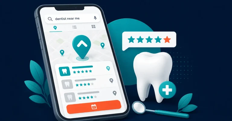 A dental practice reception with a five star Google rating on a tablet