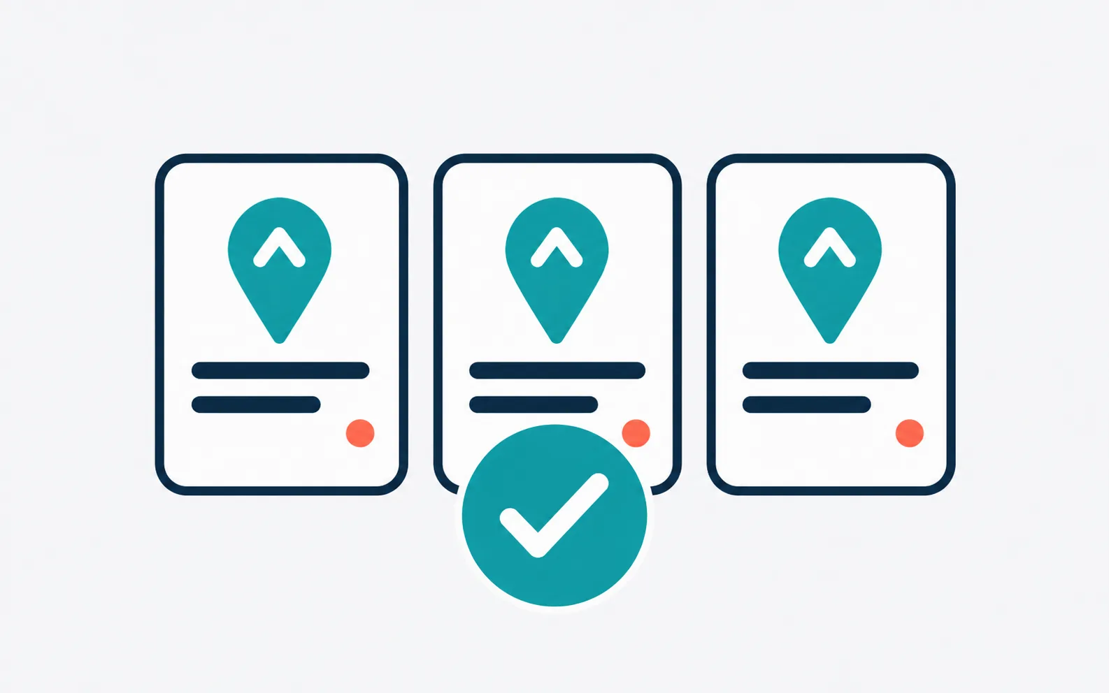 Flat vector illustration of three identical business listings with matching details and a teal checkmark of approval