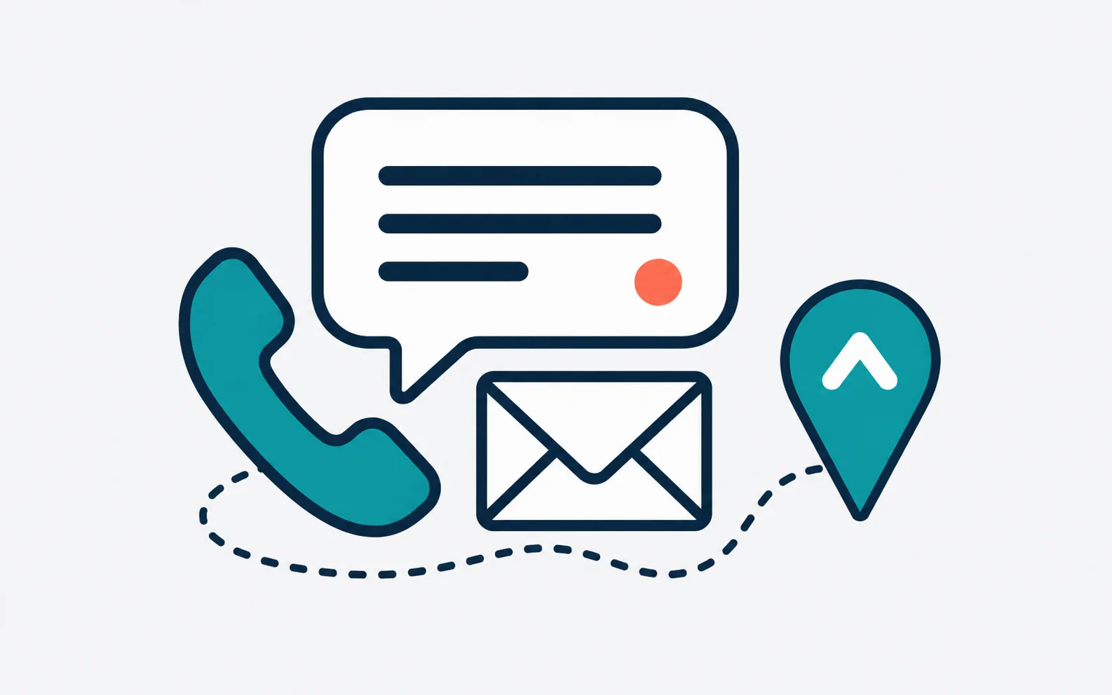 Flat vector illustration of a telephone handset, speech bubble, envelope and map pin connected by a dotted line
