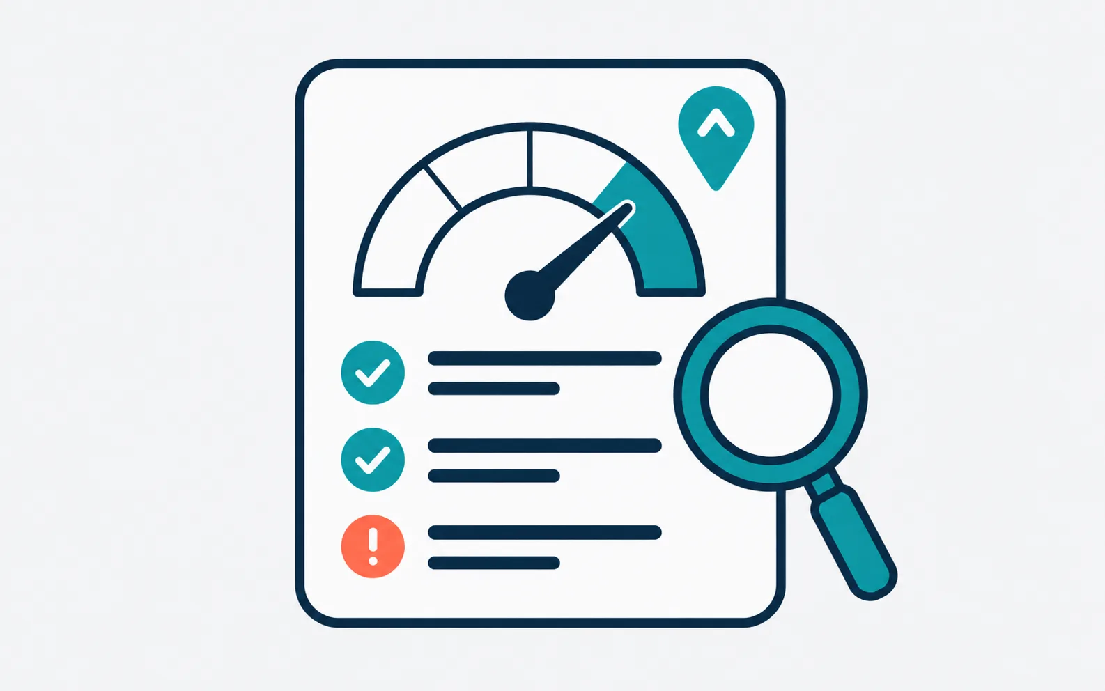 Flat vector illustration of a local SEO audit report card with a score gauge, teal checkmarks, one coral warning dot and a magnifying glass