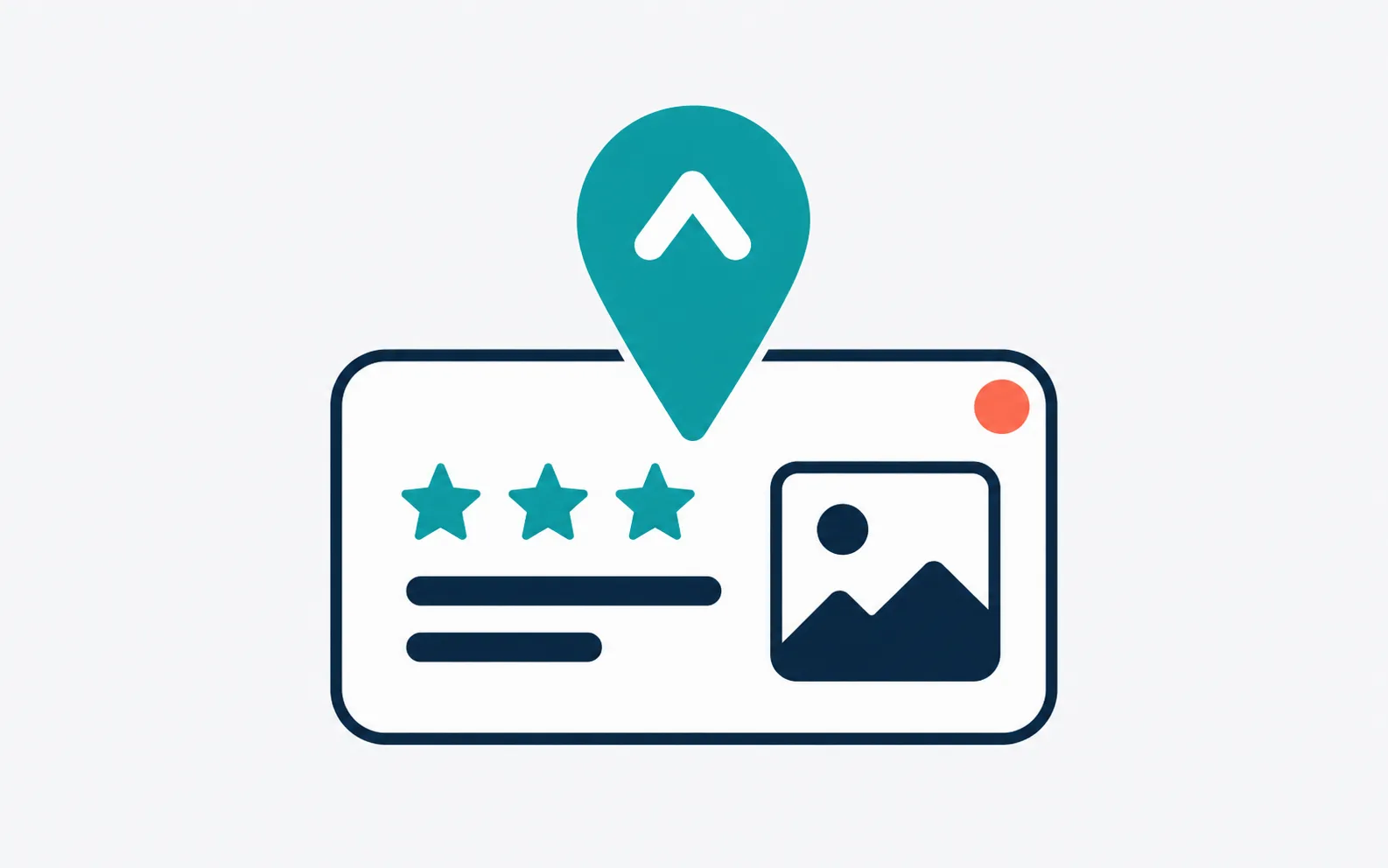Flat vector illustration of an optimised business listing card with star ratings and a teal map pin on top