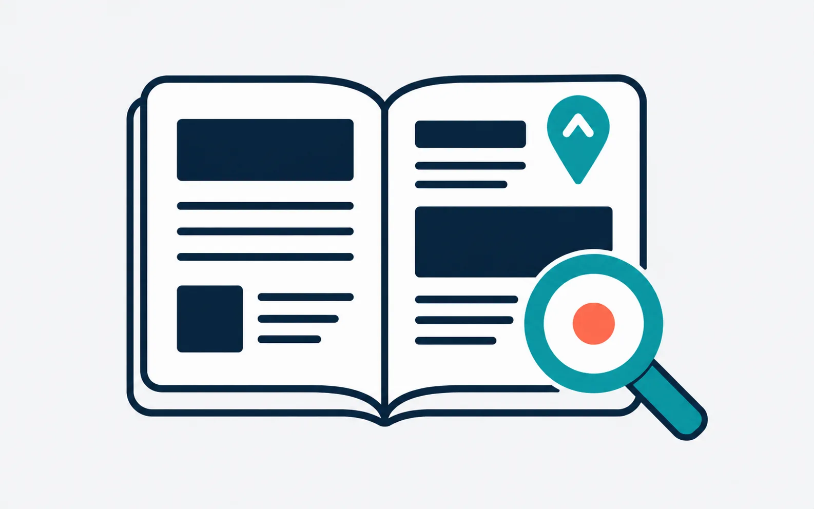 Flat vector illustration of an open magazine about local SEO with a map pin bookmark and a teal magnifying glass