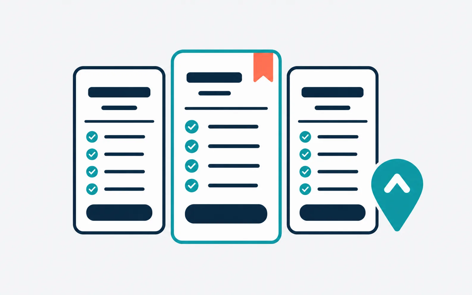 Flat vector illustration of three pricing plan cards with the featured middle plan highlighted in teal and coral