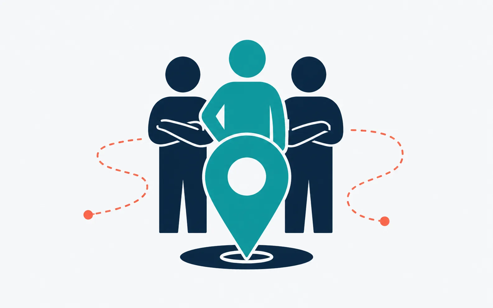 Flat vector illustration of a three-person team standing behind a teal map pin planted like a flag