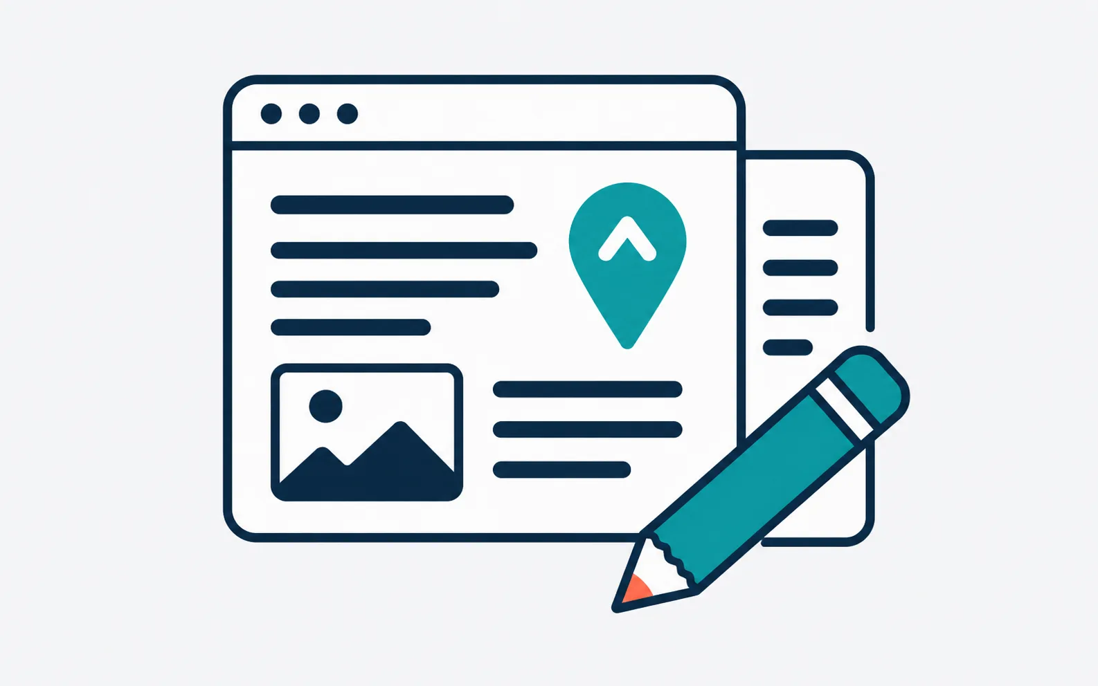 Flat vector illustration of a browser page with local content, a map pin and a large teal pencil