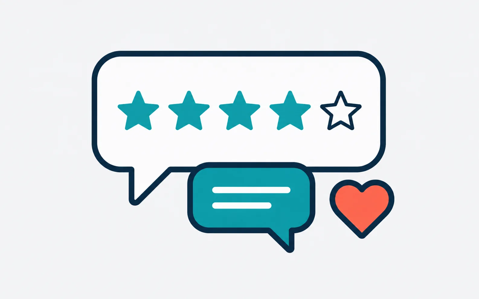 Flat vector illustration of a customer review speech bubble with five stars and a teal business reply bubble